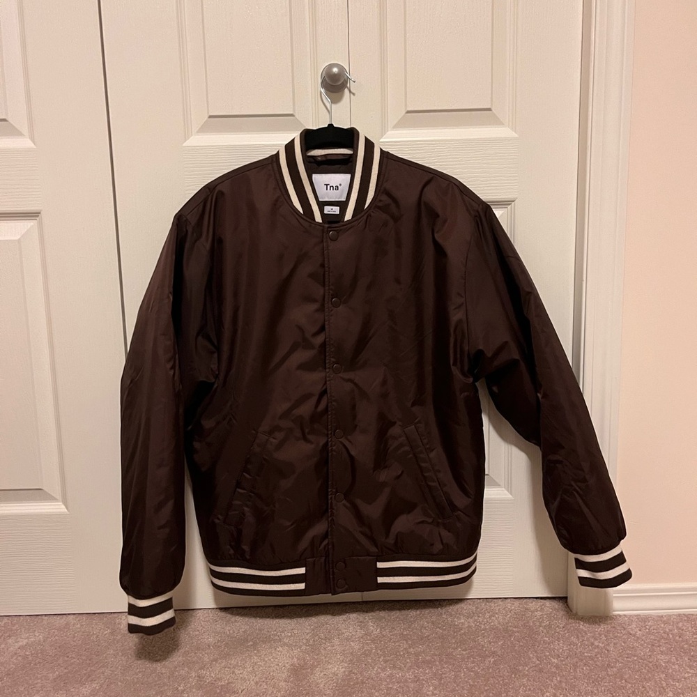 TNA Brown Varsity Bomber Jacket with Sporty Striped Ribbing